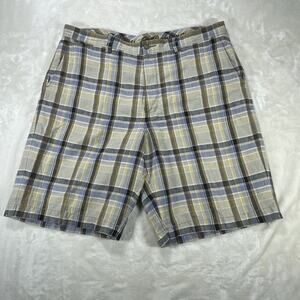 Tommy Bahama Shorts Men 40 Madras Plaid Linen Silk Blend Brown‎ Blue Yellow